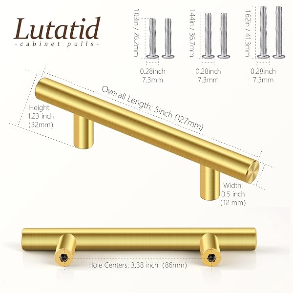 30 PACK 5 INCH BRUSHED BRASS CABINET PULLS FOR KITCHEN DRAWER, STAINLESS HARDWARE STEEL DRAWER FOR WARDROBE BATHROOM CUPBOARD FURNITURE PULLS, GOLDEN CABINET HANDLES 5”LENGTH, 3”HOLE CENTER