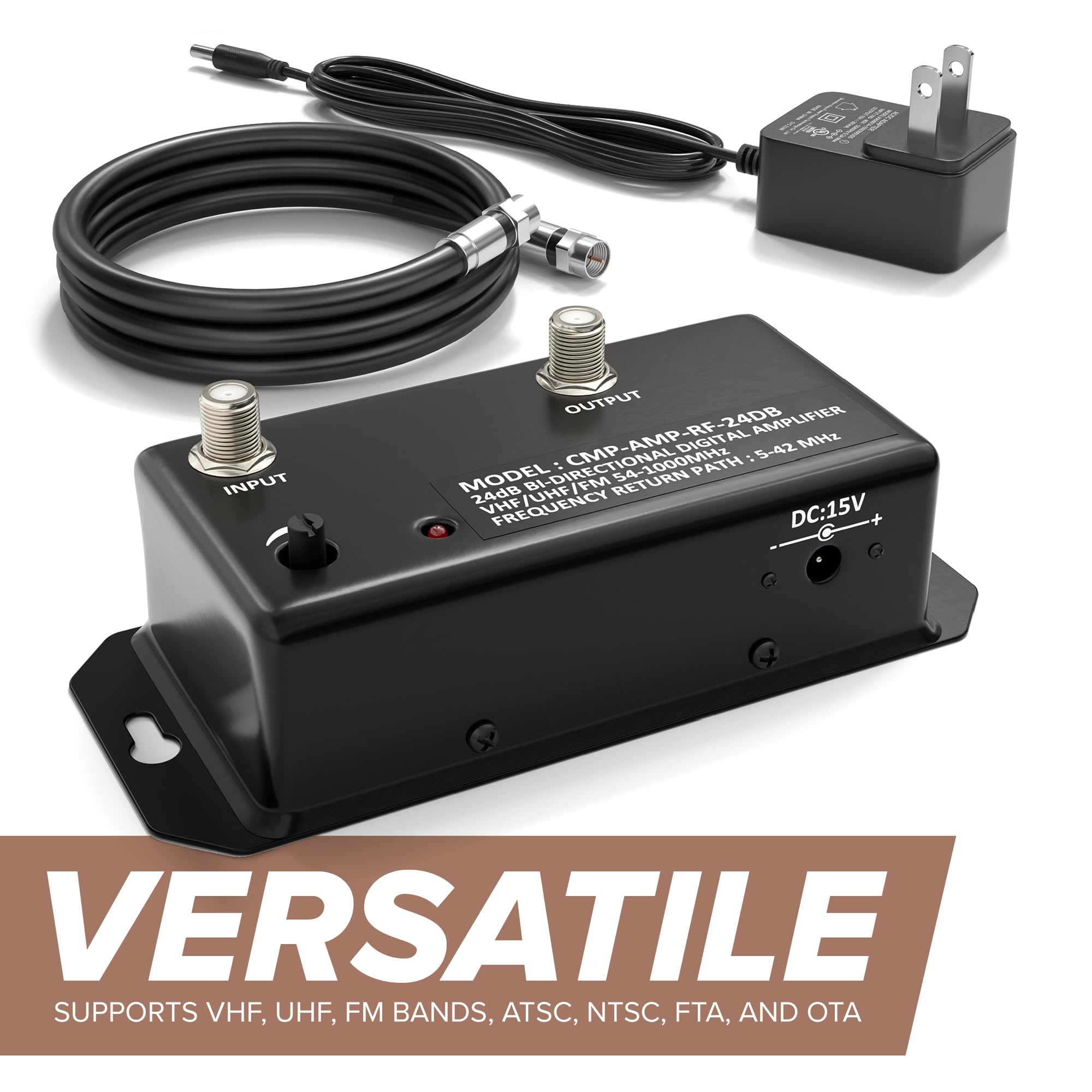 THE CIMPLE CO Antenna Amplifier Kit, Digital TV Signal Booster with Coax, Adjustable Gain, 24 dB Distribution, NTSC, ATSC, FM, UHF, VHF, 1000 MHz, Includes RG6 Coaxial Cable, Indoor Use Only