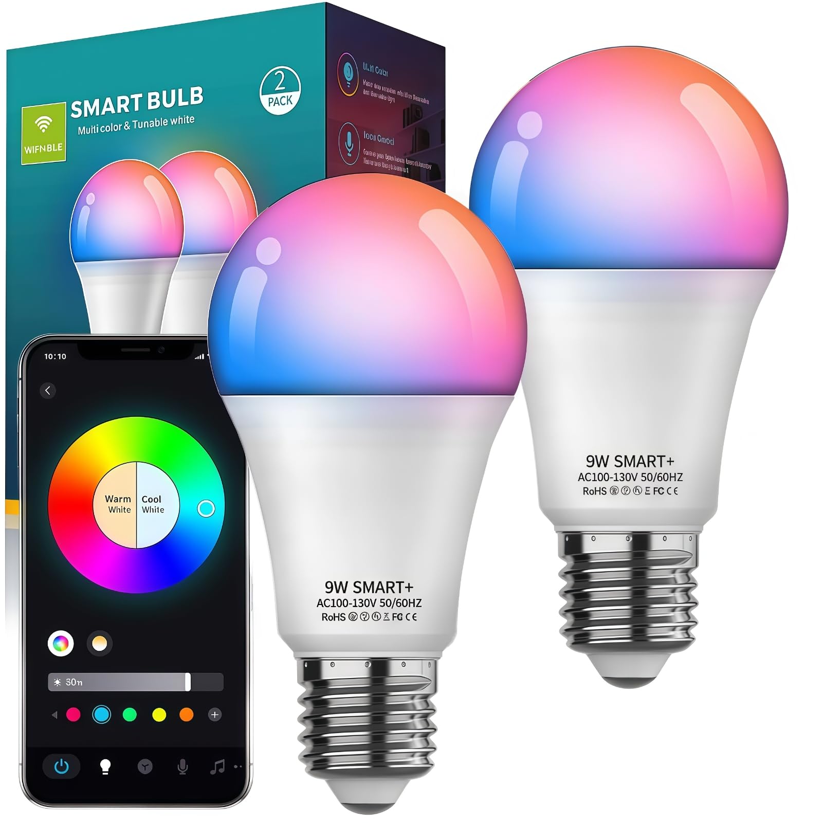 Photo 1 of Smart Light Bulbs 2Pack, Color Changing Light Bulb Works w/Alexa Google Home, 9W A19 E26 800LM RGBTW Colored LED Bulbs, 50+ DIY Scenes, Music Sync, App & Voice Control WiFi Light Bulbs