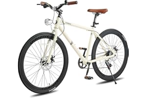 VIRIBUS Hybrid Bikes, 28 inch Mens Bike with Lightweight Aluminum Frame, 700C Bikes for Men, 7 Speed Vintage Hybrid Bicycles for City Commuters, Adult Road Bike Male for Fitness, Cream