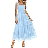 BTFBM Women's 2025 Summer Midi Dress Casual Sleeveless Square Neck Smocked Ruffle Tulle Party Wedding Guest Dresses
