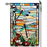 Summer Dragonfly Butterfly Bird Garden Flag Glass Style Flowers 12x18 Inch Double Sized Farmhouse Outside Decorations (B)