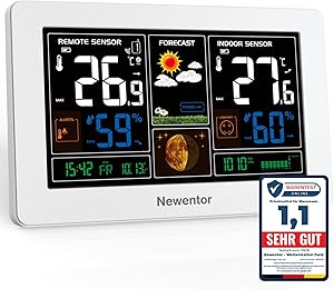 Newentor Wetterstation Funk mit Außensensor - Funkwetterstation mit Wettervorhersage, Temperaturwarnung, DCF Funkuhr - Batteriebetrieb und Netzbetrieb, Weiß, 1 Außensensoren