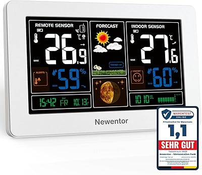 Newentor Wetterstation Funk mit Außensensor - Funkwetterstation mit Wettervorhersage, Temperaturwarnung, DCF Funkuhr - Batteriebetrieb und Netzbetrieb, Weiß, 1 Außensensoren