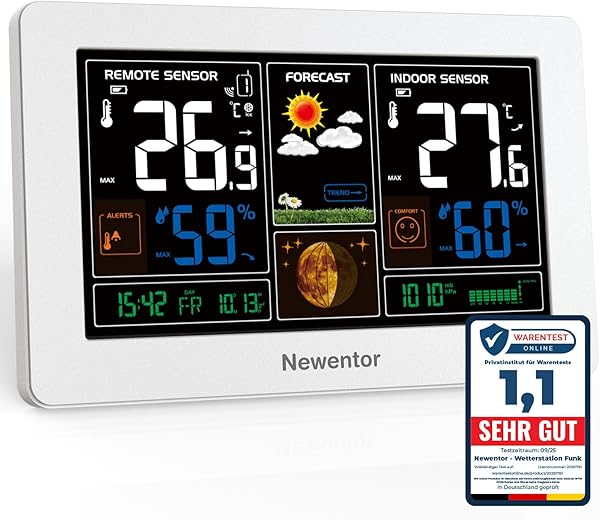 Newentor Wetterstation Funk mit Außensensor - Funkwetterstation mit Wettervorhersage, Temperaturwarnung, DCF Funkuhr - Batteriebetrieb und Netzbetrieb, Weiß, 1 Außensensoren