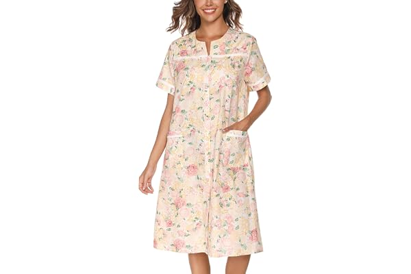 YOZLY Women Embroidered House Dress Short Sleeve Housecoat with Front Pockets Black S-3XL