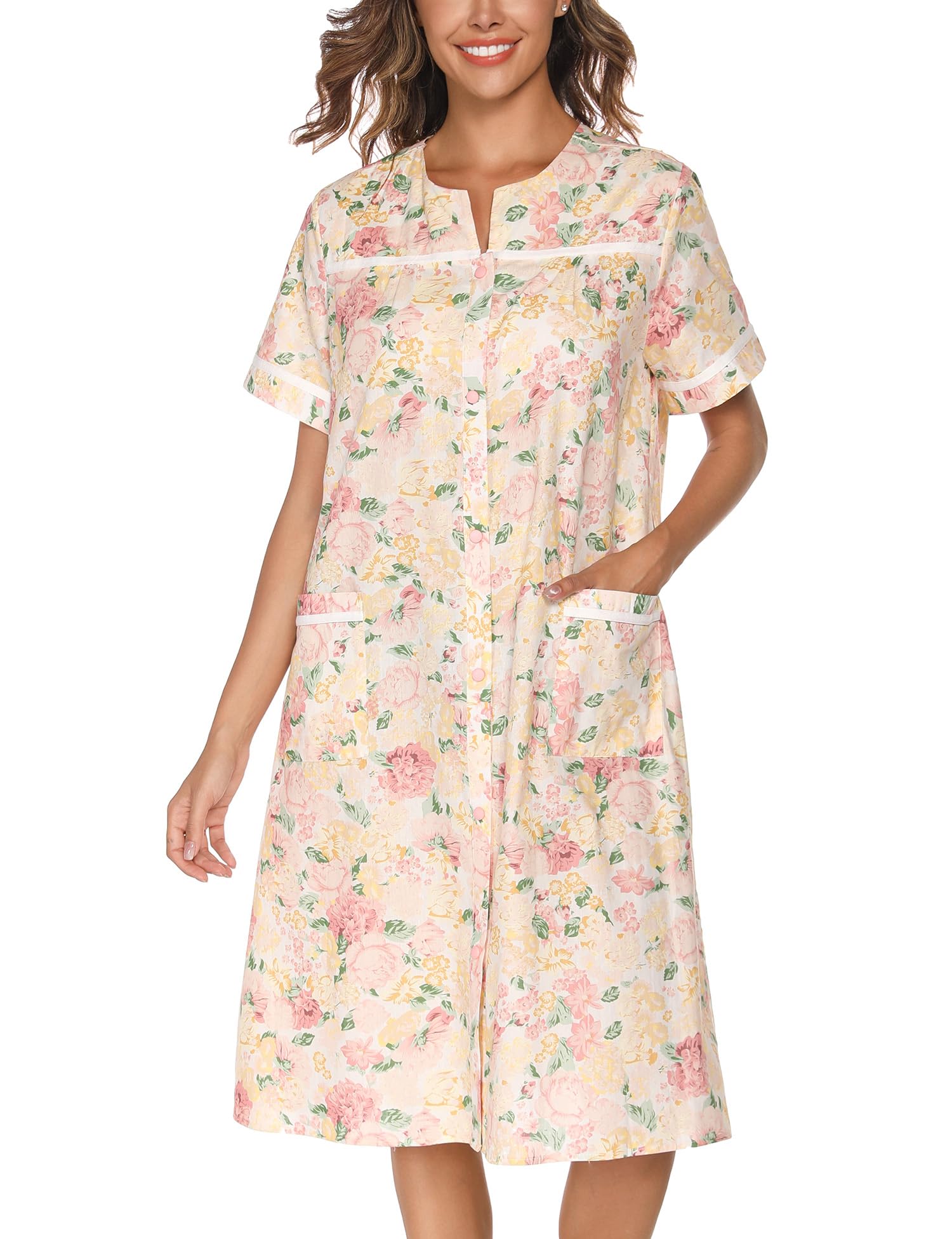 Photo 1 of YOZLY House Dress Womens Cotton Housecoat Short Sleeve Duster Robe with Pockets Flower Pink, X-Large