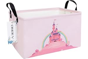 ONOEV Rectangular Folding Laundry Basket,waterproof Canvas Basket,gift basket,Suitable for children's room,Office,Clothes,Toys Storage(Pink Castle)