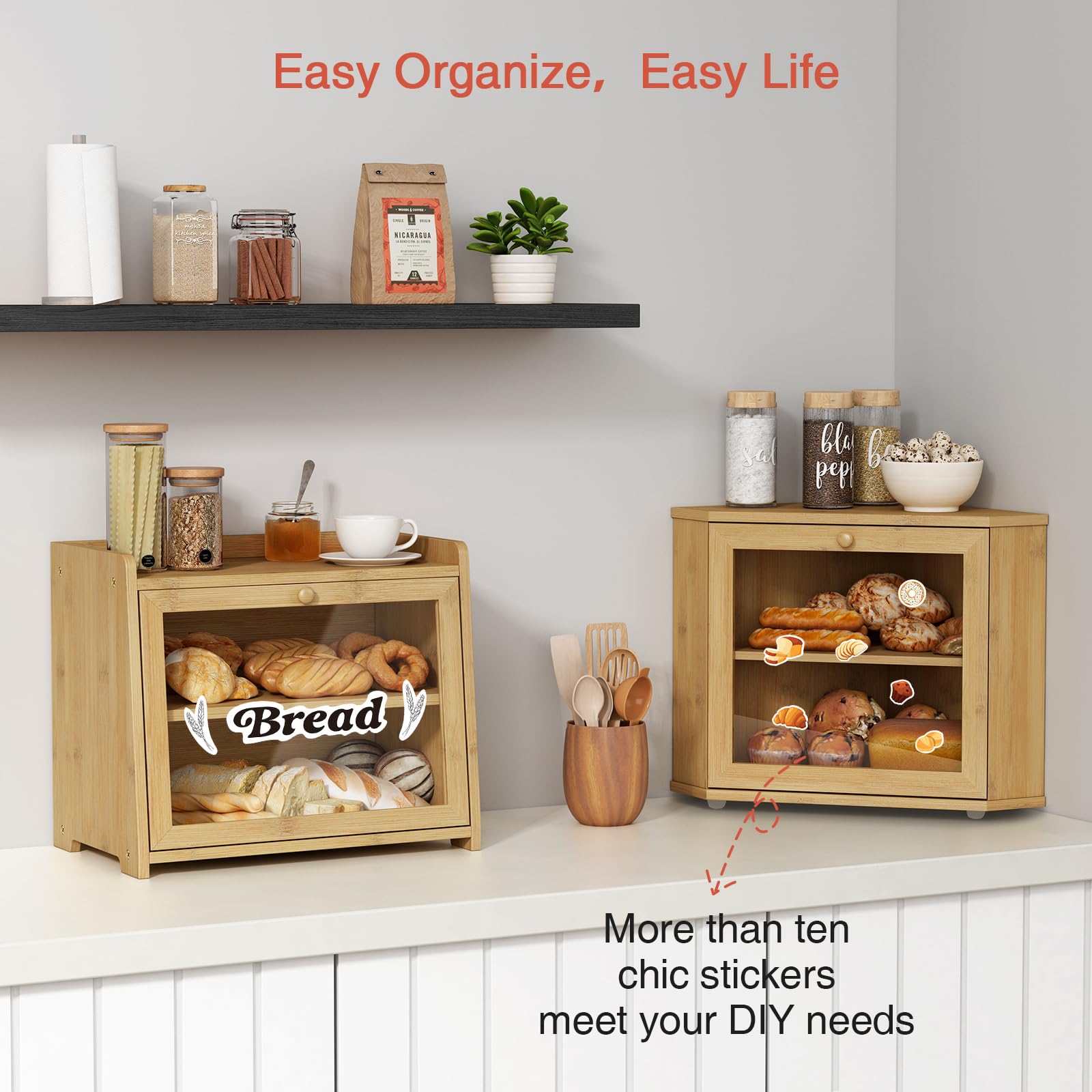 Bamboo Corner Bread Box for Kitchen Counter, 2 Tier Bread Keeper Wooden Round, Farmhouse Bread Storage Bin for Kitchen Countertop, Counter Organizer for Bread, Cup, Fruit, Spice, Snack