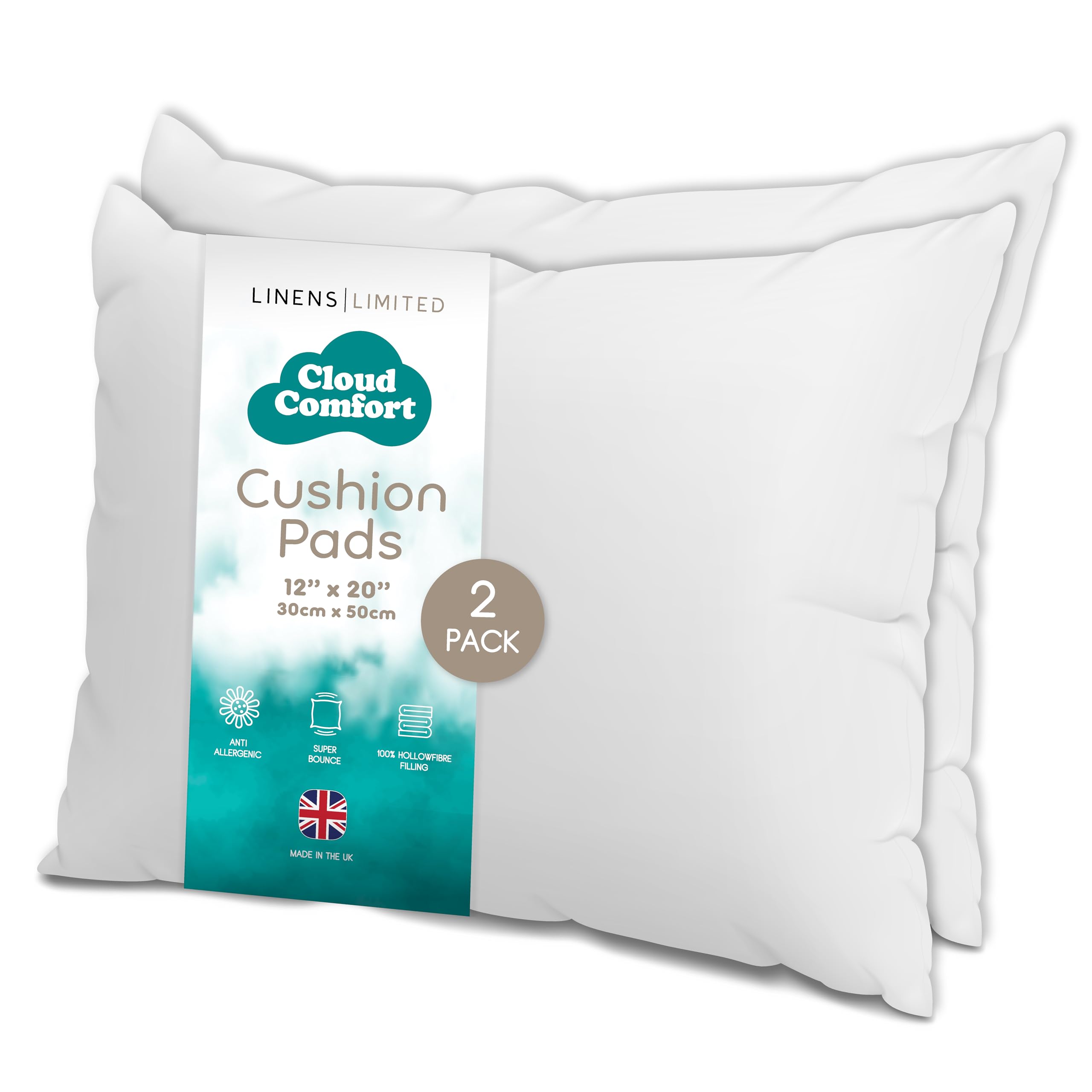 Linens Limited - Cushion Insert 30cm x 50cm, Made in the UK, Soft and Plump, Non-Allergenic Sofa Cushion Pad, Easy to Clean, Small Cushion Inner, Perfectly Fits Covers (White) (2 Pack)