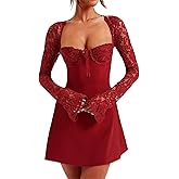 Women 's Elegant Bodycon Dress Lace Patchwork Long Sleeve Low Cut Mini Dress Backless Tie-up Going Out Dress