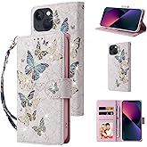 UEEBAI Wallet Case for iPhone 15, PU Leather Phone Case Kickstand RFID Blocking Flip Case Card Slots Wrist Strap Relief Engraved Pattern Magnetic Closure Flower Folio Case, Blue Butterfly