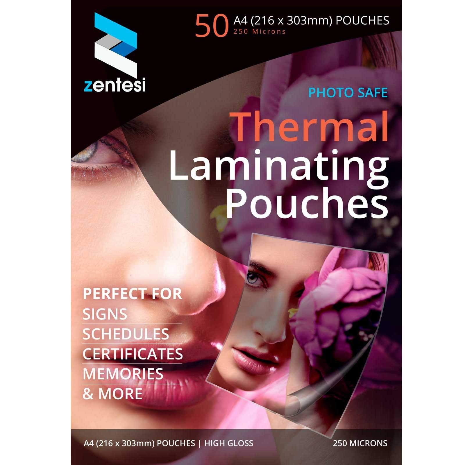 Zentesi A4 Laminating Pouches High Gloss Laminator Sleeves 250 Micron (125 + 125 Microns) Glossy Laminate Pouch Sheets - Pack of 50
