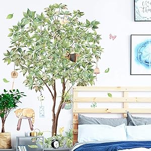 Green Tree Wall Decal Lazy Cat Wind Chime Wall Stickers, Removable Waterproof 3D Fresh Leaves Wallpaper, DIY Art Murals for Nursery Bedroom Living Room Office TV Background Decor