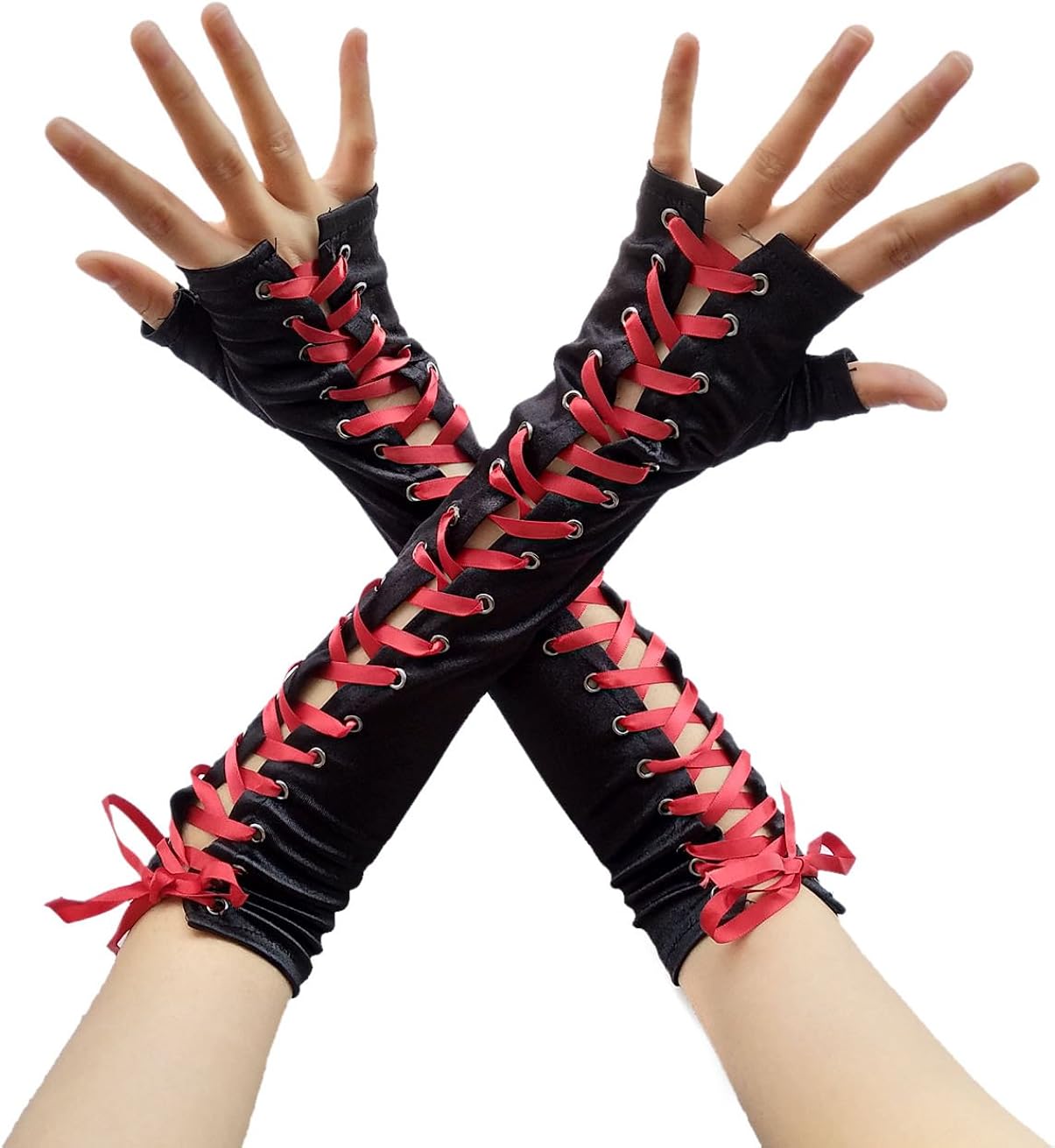 Women's Lace up Gloves Fingerless Gloves Satin Lace Long Elbow Gloves
