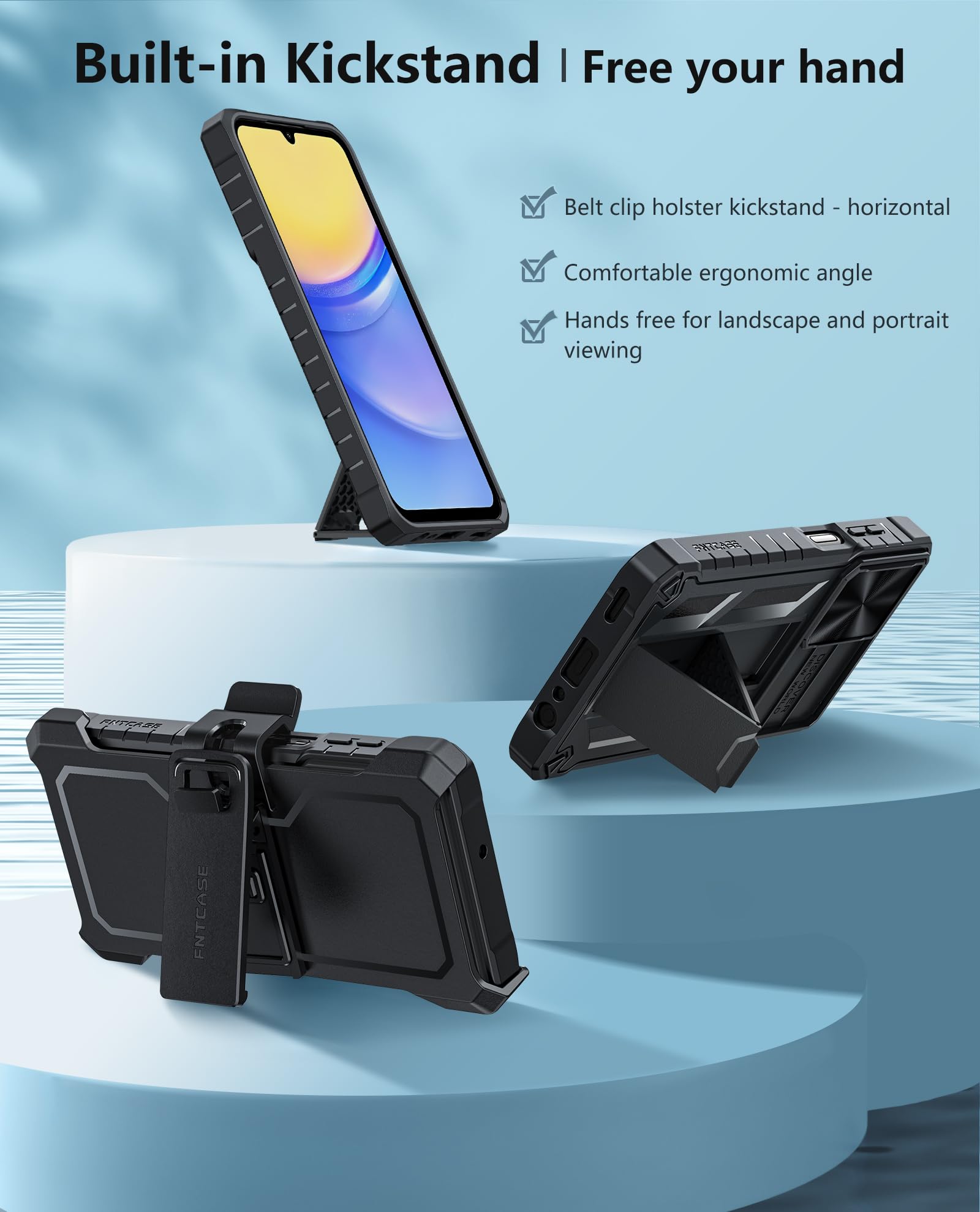 FNTCASE for Samsung Galaxy A15-5G Case: Rugged Protective Phone Cases with Kickstand & Holster | Military Grade Shockproof Protection Sturdy Heavy Duty Drop Proof Hard Covers 6.5 inch Black