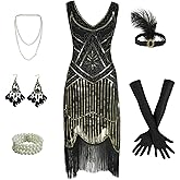 Eunchaes 1920s Gatsby Sequin Fringed Beaded Flapper Dress Cocktail Dress with Roaring 20s Accessories Set