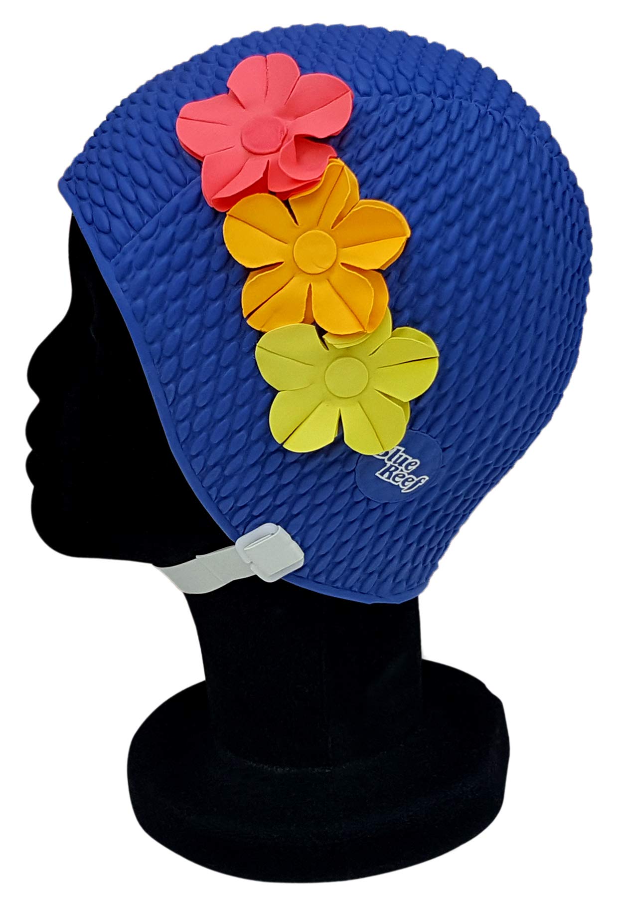 Blue Reef Paris Bubble Single Colour Floral Ladies Classic Retro 3 Flower Tropical Row 3D Petal 3 Colour Stylish Vintage Swimming Hat Swim Cap One Size Adults With Adjustable Strap (Navy Blue)