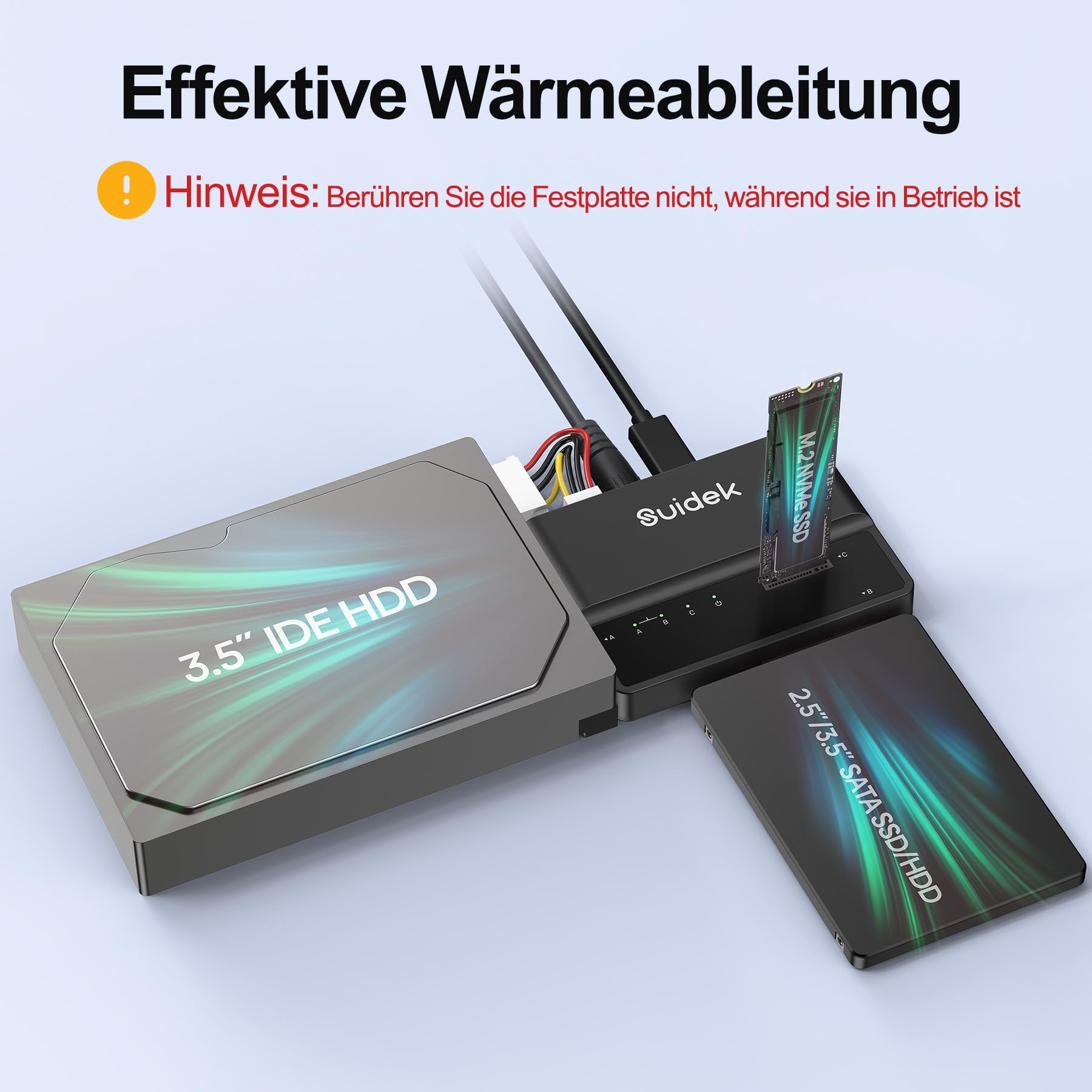 SUIDEK NVMe M.2 zu SATA Adapter, USB 10Gbps Festplattenlesegerät, PCIe NVMe, SATA und IDE Adapter, SSD Gehäuse unterstützt M.2(M Key&M+B Key) SSDs Aller Größen, 2,5/3,5 SATA SSD HDDs und 3,5 IDE HDDs 5