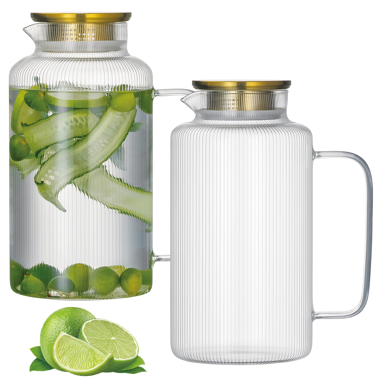 Photo 1 of ***MISSING PARTS***
HTTLUERY 2 PACK Glass Pitcher with Lid And Handle, 84oz/2.5L Liter Classic Vertical Stripes Fridge Water Pitcher,Glass Water Carafe for Coffee, Lemonade, Iced Tea,Sun Tea, Beverage, Heat Resistant