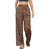 OYOANGLE Women's Leopard Print Elastic High Waist Long Pants Cheetah Printed Wide Leg Loose Trousers with Pockets