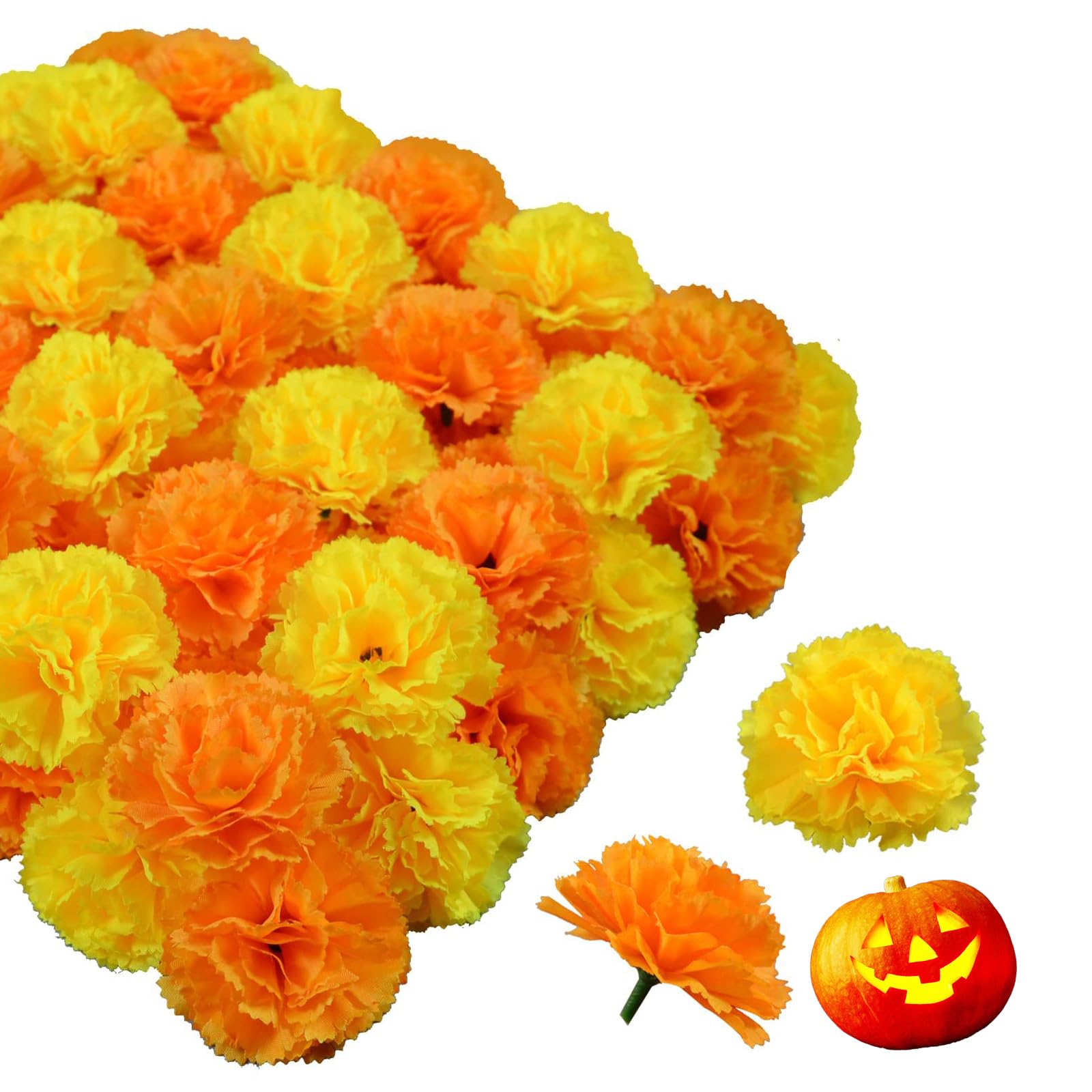 Photo 1 of 50Pcs Artificial Marigold Flower, Orange & Yellow Marigold Flower Heads Bulk with Stem, Silk Artificial Flower DIY Decor for Halloween, Diwali, Day of The Dead, Mexican Party, Home Decor -Multicolour