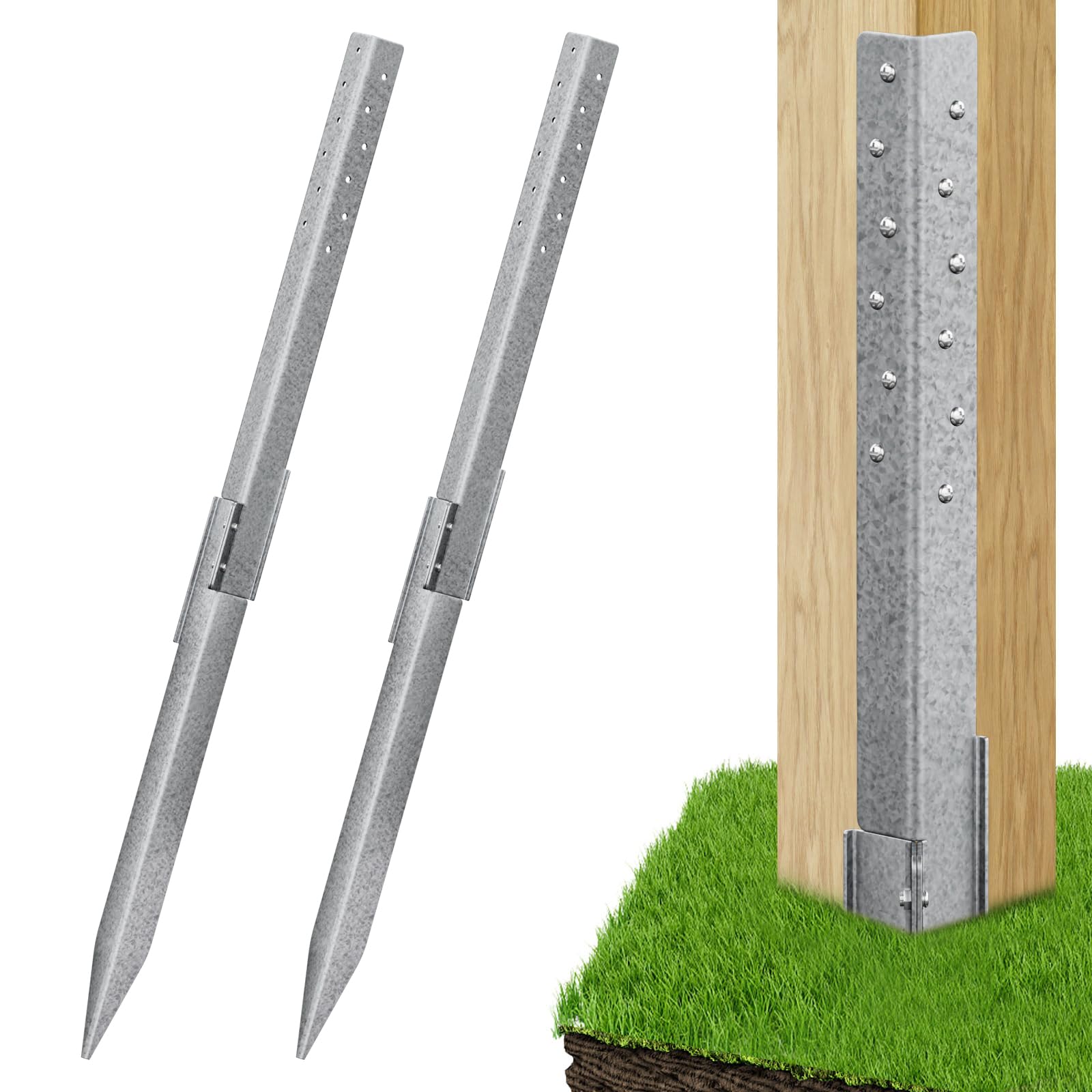 2 Pack Fence Post Repair - New Upgraded Fence Post Anchor Ground Spike for Repair Tilted/Broken Wood Fence Post, Easy to Install & Double Firm