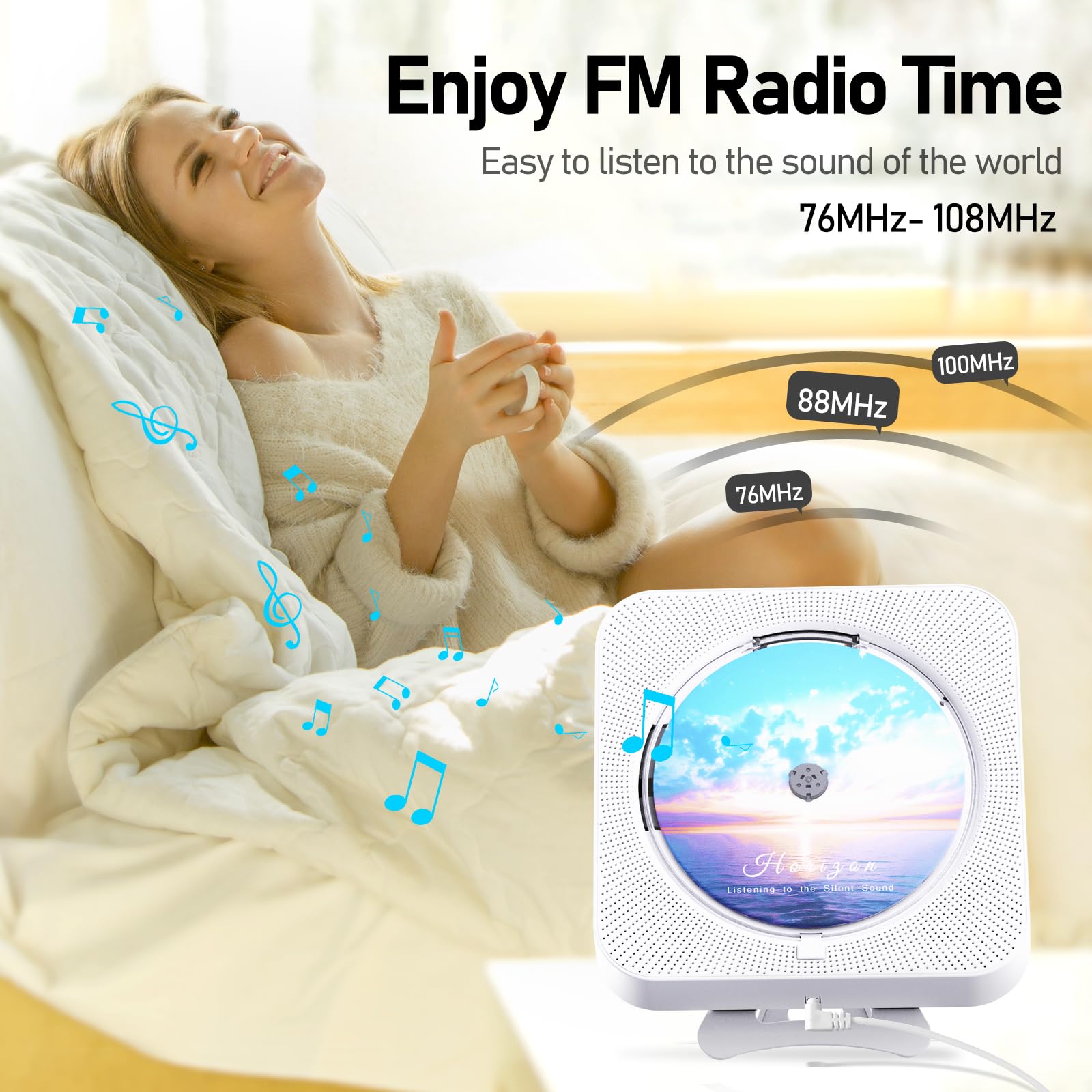 Bluetooth Portable Home CD Music Player with Remote Control, Timer, Built-in Speakers and LED Display - FM Radio Boombox (White)