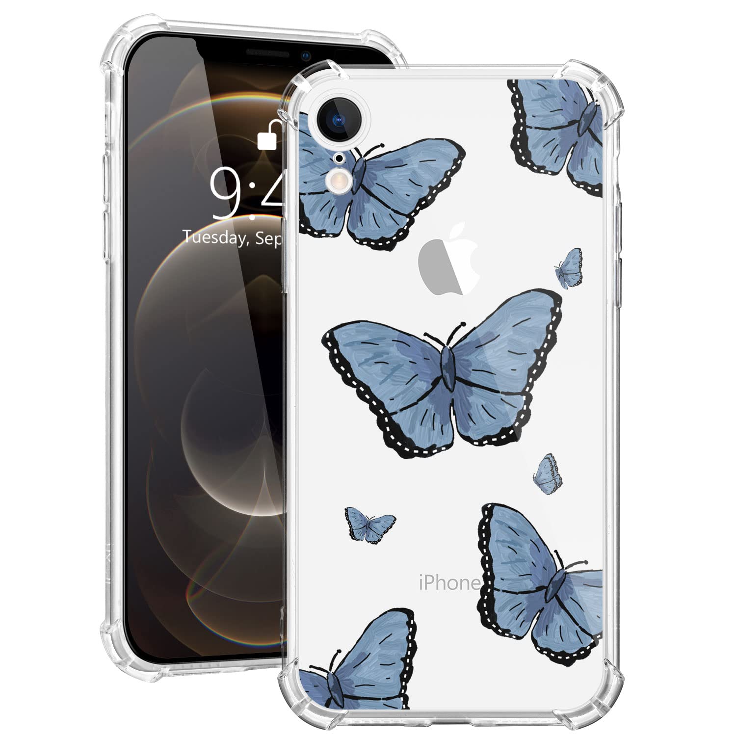 MAYCARI Case for iPhone SE 2020/7/8, Butterfly Painting Clear Design Transparent Shockproof Anti-Scratch Soft Flexible TPU Cover with Air Cushion