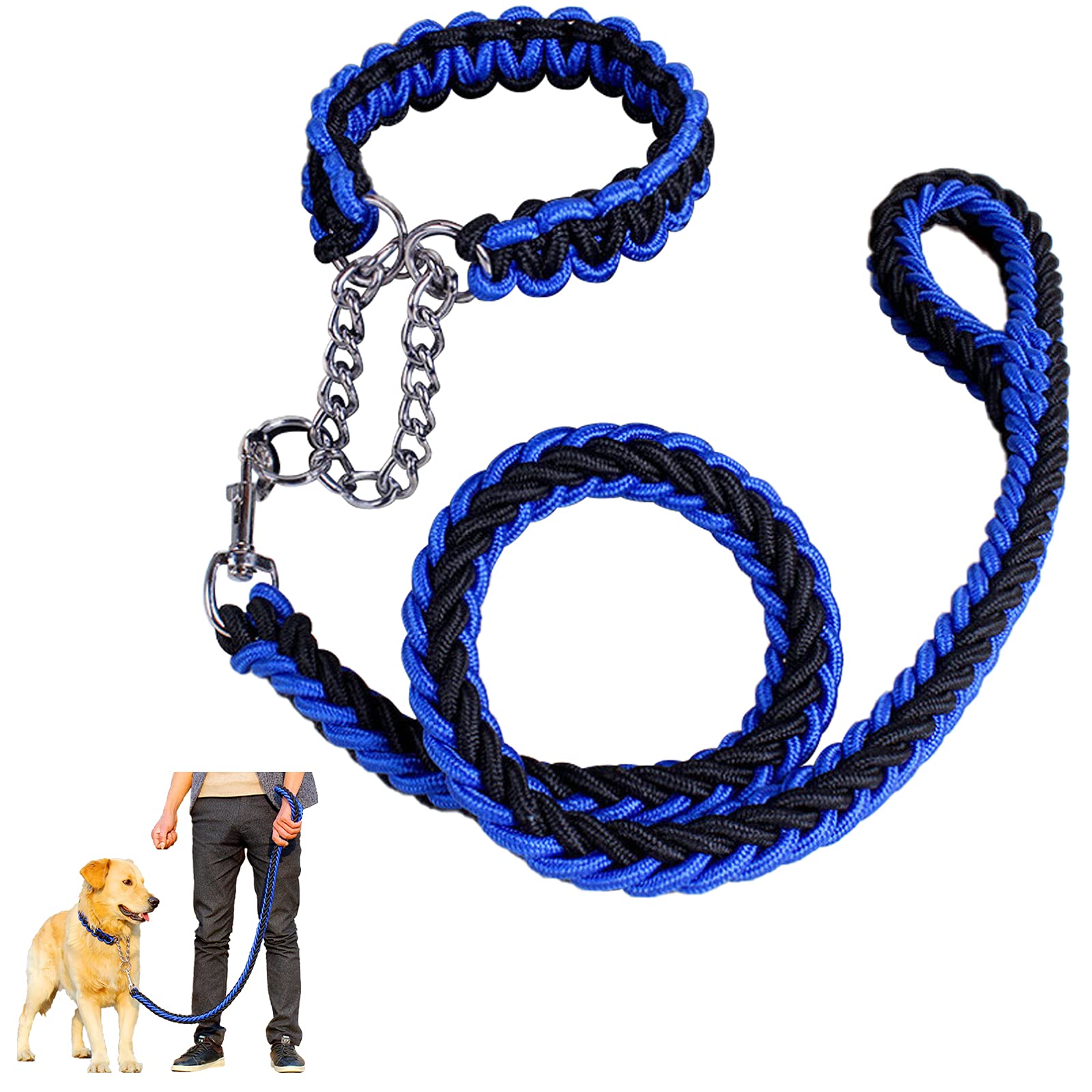 Dog Rope Heavy Duty Dog Woven Leash Collar Set Nylon Eight Strand Braided Lead Pet Walking Training Rope Non-slip Handle Collar for Small Medium Large Dogs (Black+Blue, XL)