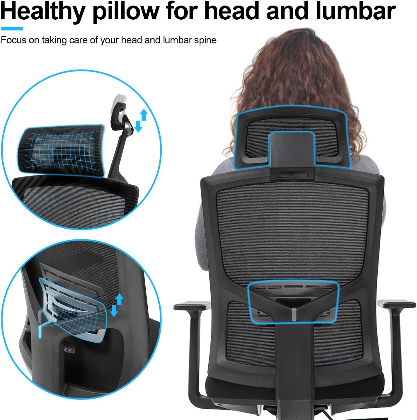 Ergonomic Office Chair,Home Comfort Chairs,High Back Adjustable Home Desk Chair with Lumbar Support,High Back with Breathable Mesh,Thick Seat Cushion,Adjustable Head & Lumbar Support: Kitchen & Dining