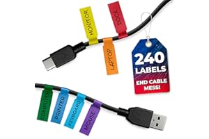 BURIUS 240 PCS Cable Labels Tags for Cable Management – 8 Bright Colors, Self-Adhesive, Tear-Resistant & Waterproof Cord Labels for Electronics | Tags for Wires - Writable or Printable with Laser Printer