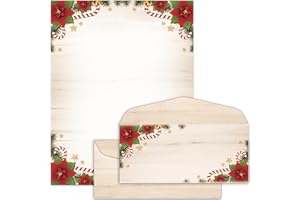 Lonfliness 50 Set Candy Canes Poinsettias & Pine Christmas Letterhead with Envelopes Christmas Computer Print Paper Stationery paper for Note Letters to Santa Invitations Office School 8.5 x 11 In