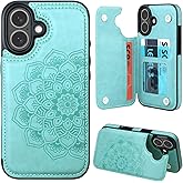 MMHUO for iPhone 16 Case with Card Holder,Flower Magnetic Buttons Protective Wallet Case for Women for iPhone 16 (6.1 Inch),Mint