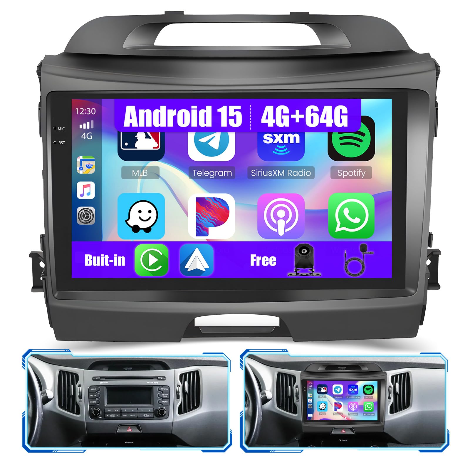 Photo 1 of [4G+64G] Android 15 Car Radio for Kia Sportage 2010-2016 with Wireless Carplay/Android Auto, 9 Inch HD Touchscreen Car Stereo with GPS WiFi Bluetooth FM/RDS EQ SWC Backup Camera MIC