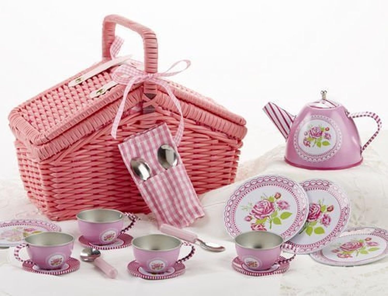 children's tea set in wicker basket