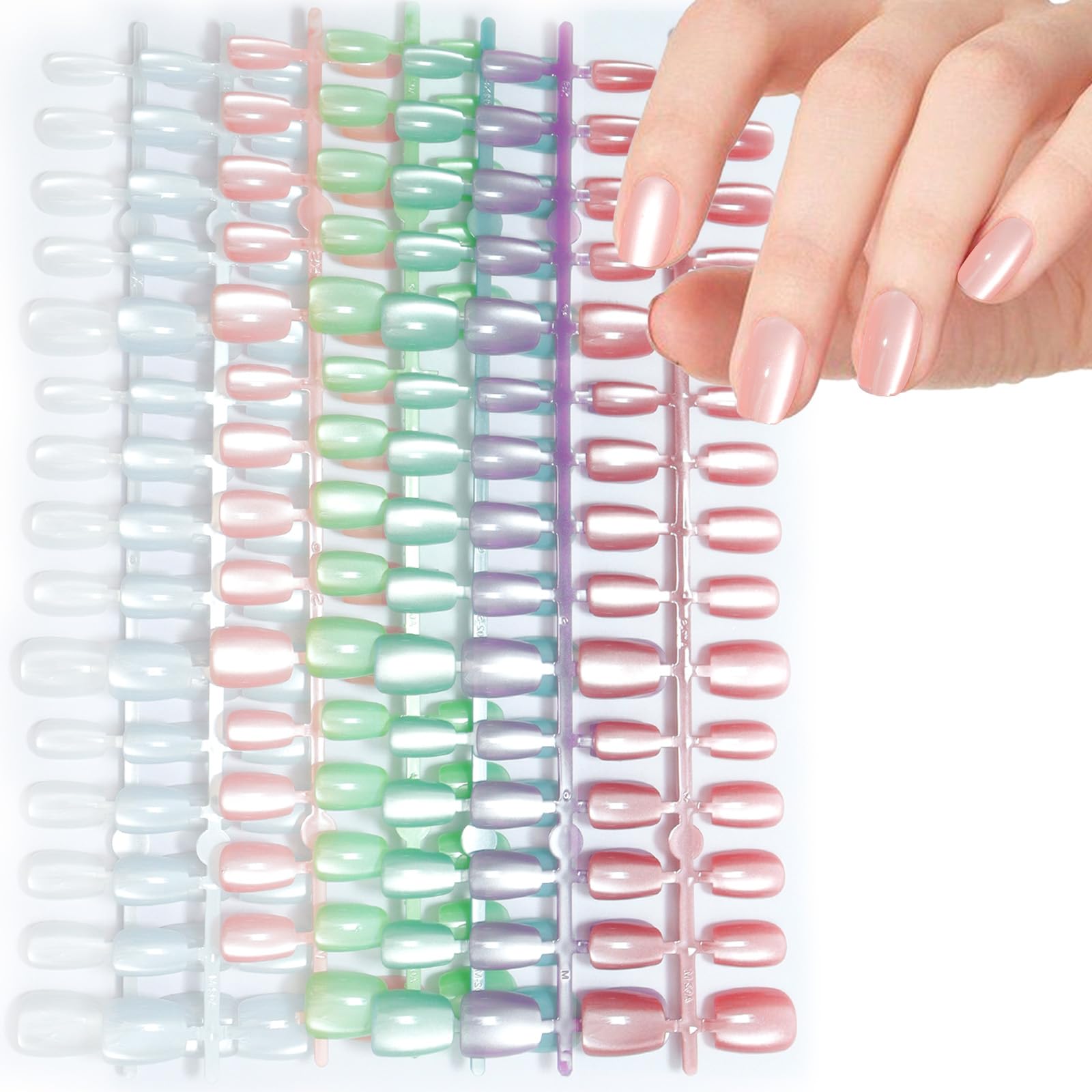 Photo 1 of Laza Cat Eye Press on Nails, 7 Colors Short Square Reusable Natural Fake Stick on Nails in 15 Sizes for Women Girls with Salon Quality - Macaroon Series