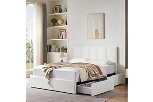 VELOCAVA Queen Size Upholstered Storage Bed Frame with 4 Drawers, Modern Linen Platform Bed with Vertical Channel Headboard, Sturdy Wood Slats, Under Bed Storage, No Box Spring Needed, White