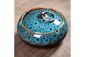 AZOFIA Handmade Ceramic Ashtray with Lids, Windproof Ashtray Smokeless for Indoor or Outdoor, Ash Holder for Patio Desktop Office Smokers, Ash Tray for Tabletop Home Office Decor (Mix Blue, M-Size)
