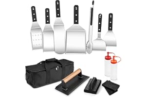 Griddle Accessories Flattop Grilling Accessory Kit - 14Pcs, Joyfair Teppanyaki BBQ Tools with Spatula, Turner, Scraper, Cast Iron Burger Press, 18/10 Stainless Steel, Rust-Free (ABS Handles)