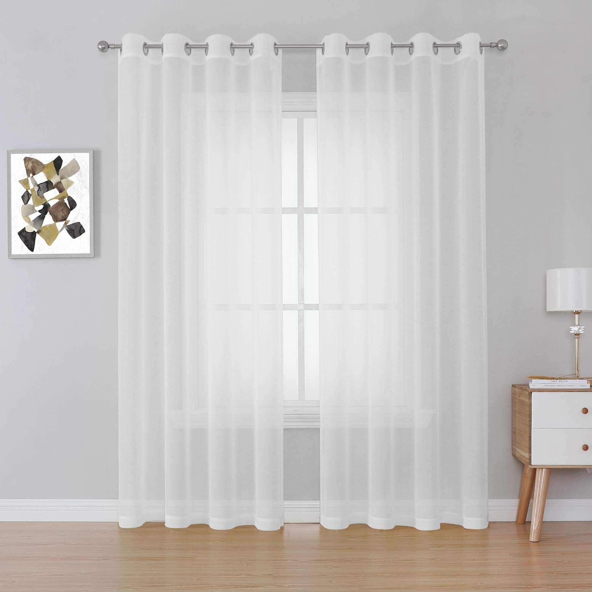 KEQIAOSUOCAI 84 Inches Length Sheer Curtains - Grommet Top Solid Voile Window Draperies Elegant Panels for Bedroom(Pure White,2 Panels,W54 x L84 Inch Long)