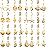 RLHRNDE 16 Pairs Seashell Conch Earrings Set for Women Dainty 14K Summer Beach Jewelry Starfish/Pearl/Clam/Conch Hoop Earrings Bohemian Summer Beach Holiday Fashion Jewelry Gifts