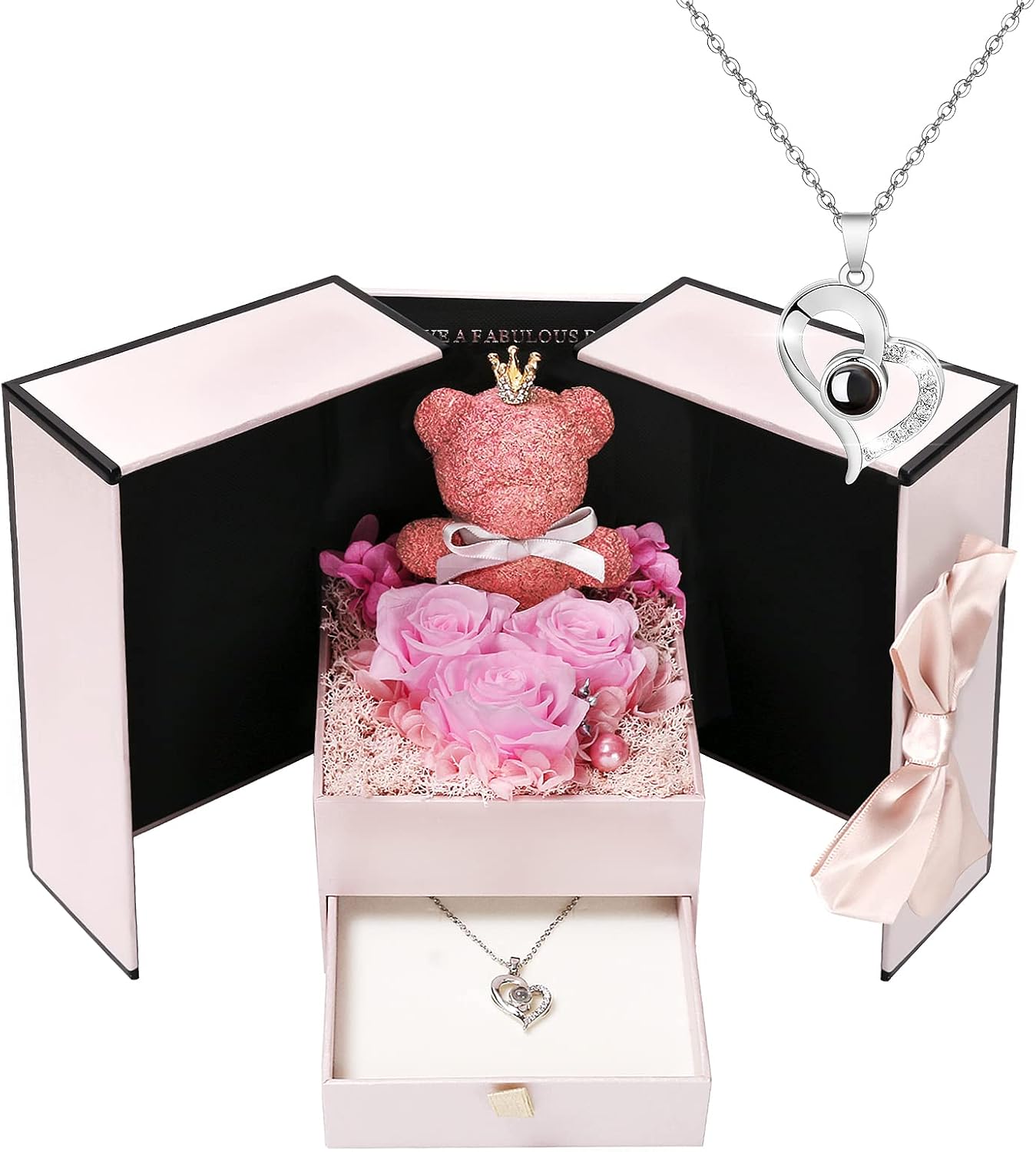 Dried & Preserved Flora - Childom Birthday Gifts for Women,Pink Preserved Flowers Rose Gifts for Mom,Great Mother Gifts for Her from Daughter Son,Real Rose Flower Gift with Cute Bear and Necklace for Mom, for Wife