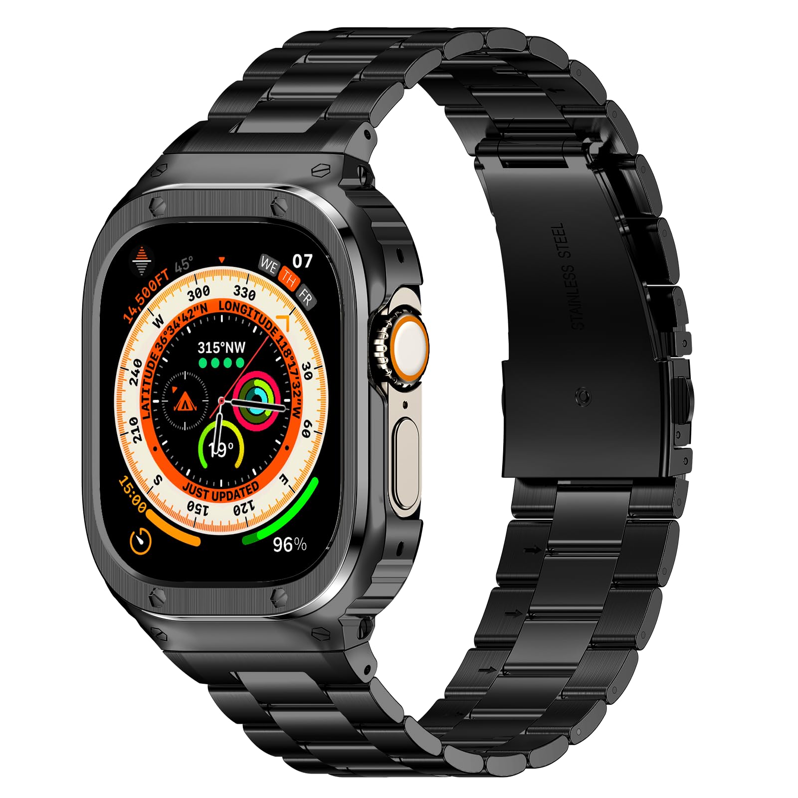 HASLFM Stainless Steel Straps with Case Compatible with Apple Watch 49mm Ultra 3/2/1, Rugged Replacement Cover Metal iWatch Bands for Men, Black