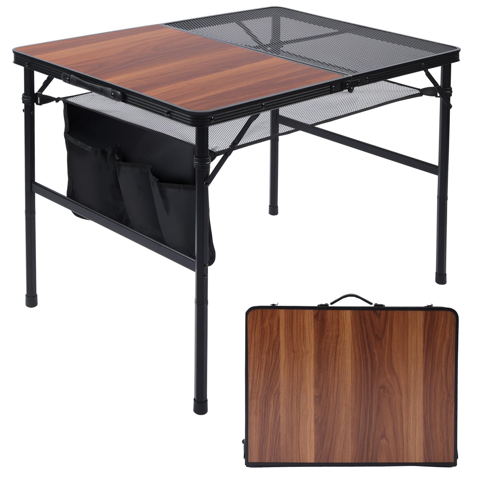 Photo 1 of JOUYEK Foldable Grill Table - 3x2ft Portable Camping Table, Lightweight & Height Adjustable with Metal Frame, Mesh Top, Wooden Desktop & Bag - Perfect for Camping, Picnic, Beach & BBQ