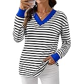 Fayenne Womens Long Sleeve Tops Dressy Casual Striped Shirts Color Block V Neck Blouses Tunic Fall Fashion 2025