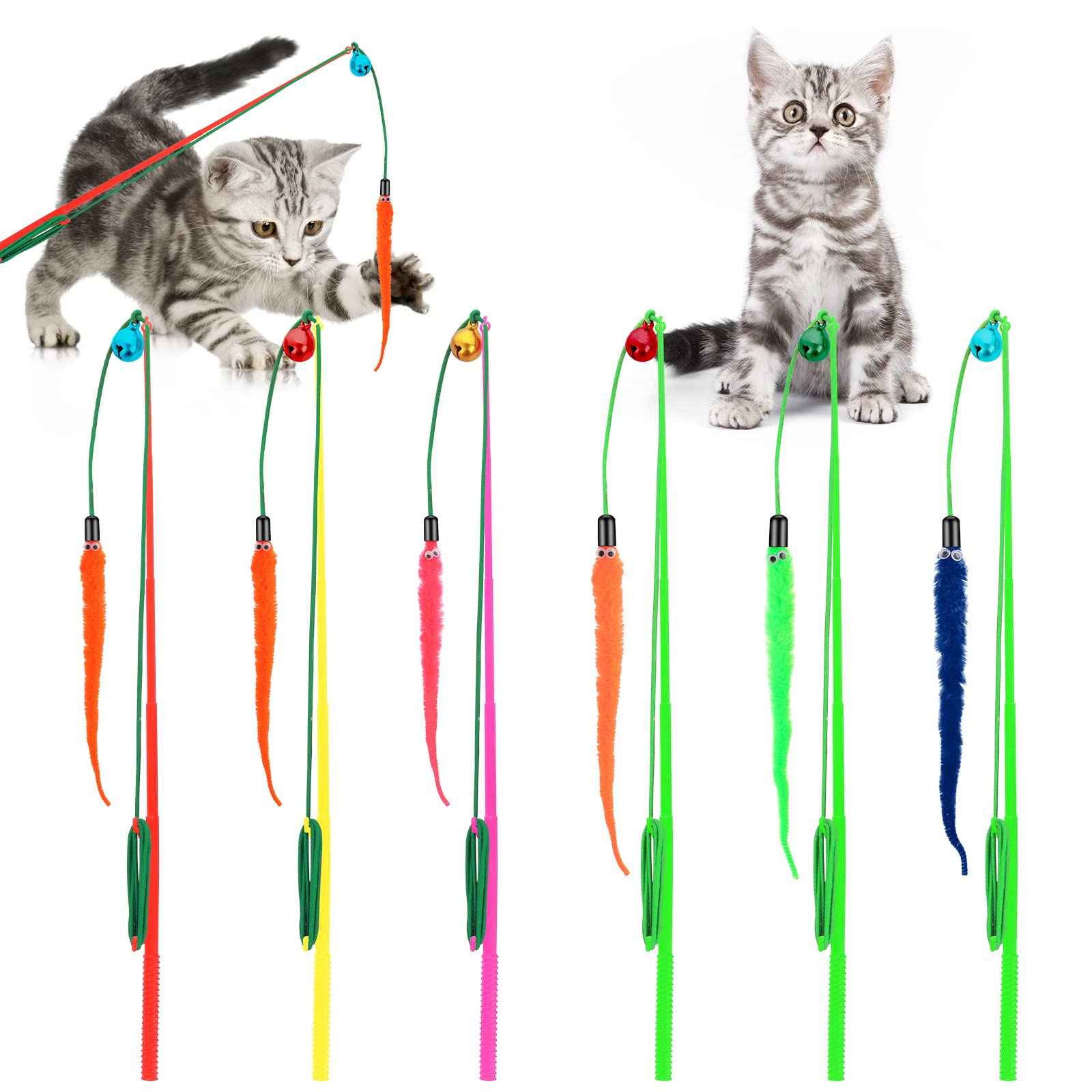 Cobee Cat Feather Wands - 6 Pcs Interactive Teaser Toy for Indoor Outdoor Exercise - Worm Refills and Bells Included - Kitten Wire Chaser