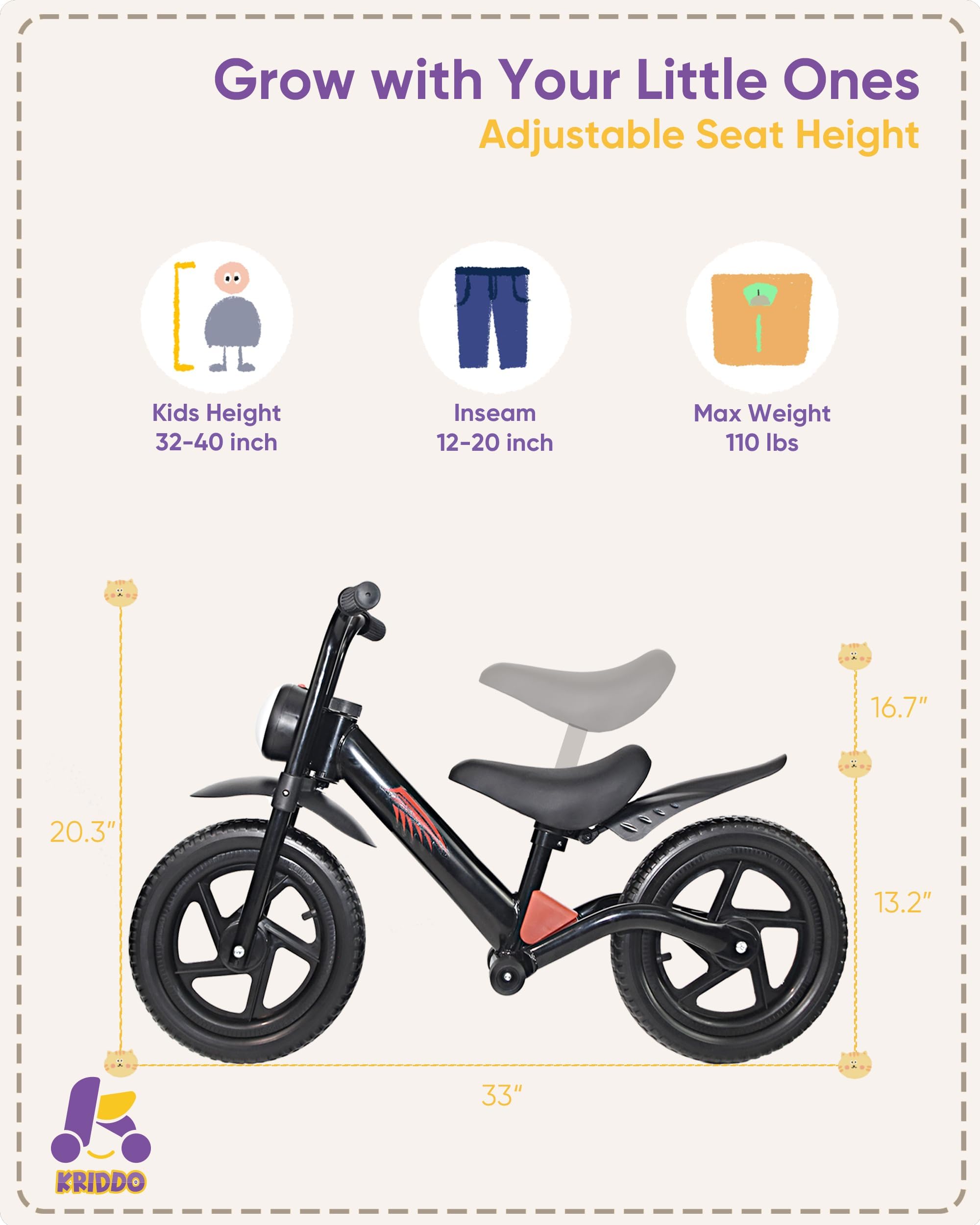 KRIDDO Kids Balance Bike for 2-5 Years, with Front Light, Upgraded Tires for All Terrain, Upgraded Bearing for Smooth and Stable Riding, Front and Rear Fenders, Adjustable Seat