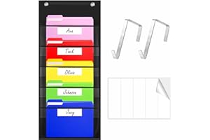 VANTASII Storage Pocket Chart, Heavy Duty Wall File Organization Folder with 5 Clear File Pockets, 5 Blank Dry-Erase Name Stickers Plus 2 Over Door Hooks for Files, Bills, Classroom & Office (Black, 14” X 28”)