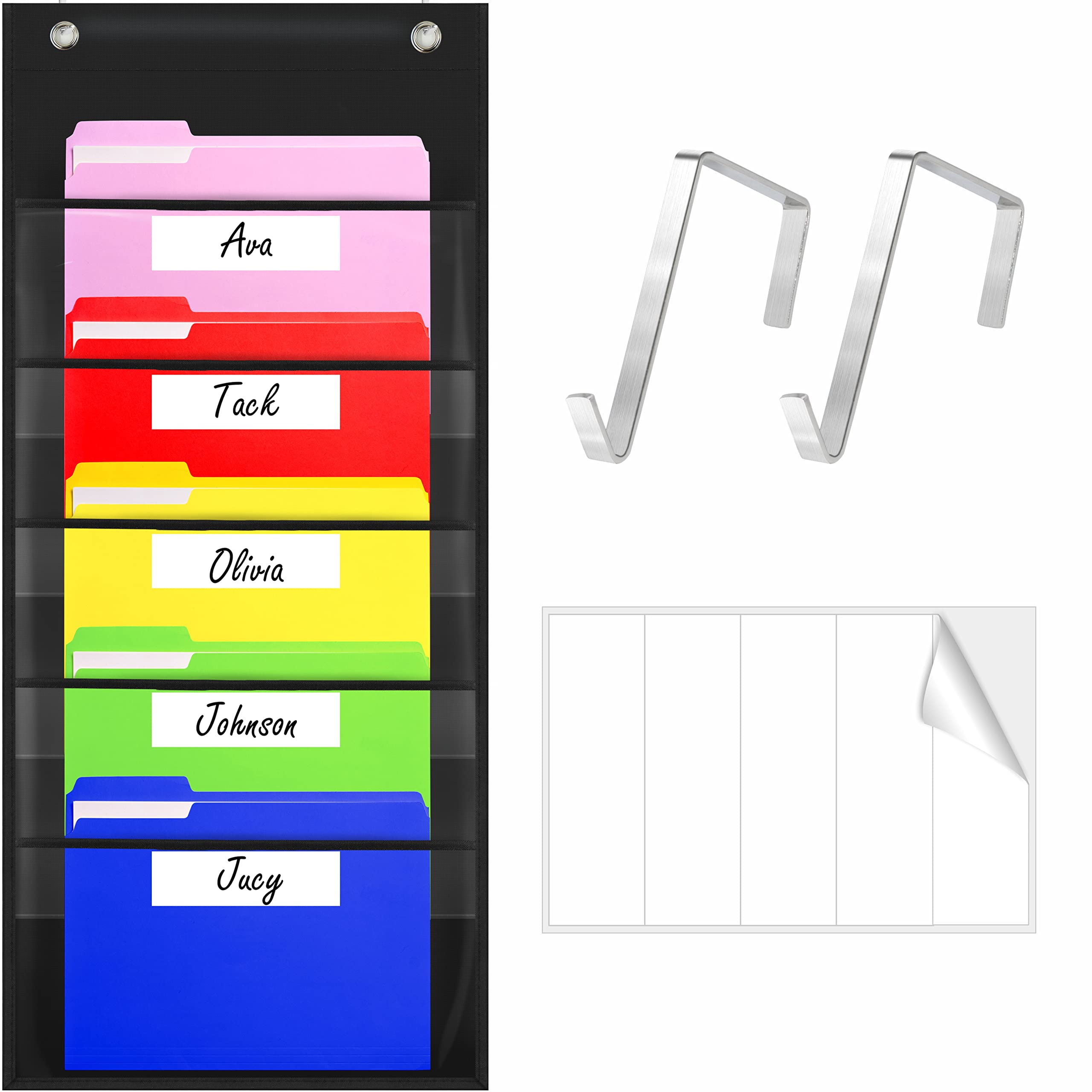Storage Pocket Chart, Heavy Duty Wall File Organization Folder with 5 Clear File Pockets, 5 Blank Dry-Erase Name Stickers Plus 2 Over Door Hooks for Files, Bills, Classroom & Office (Black, 14” X 28”)